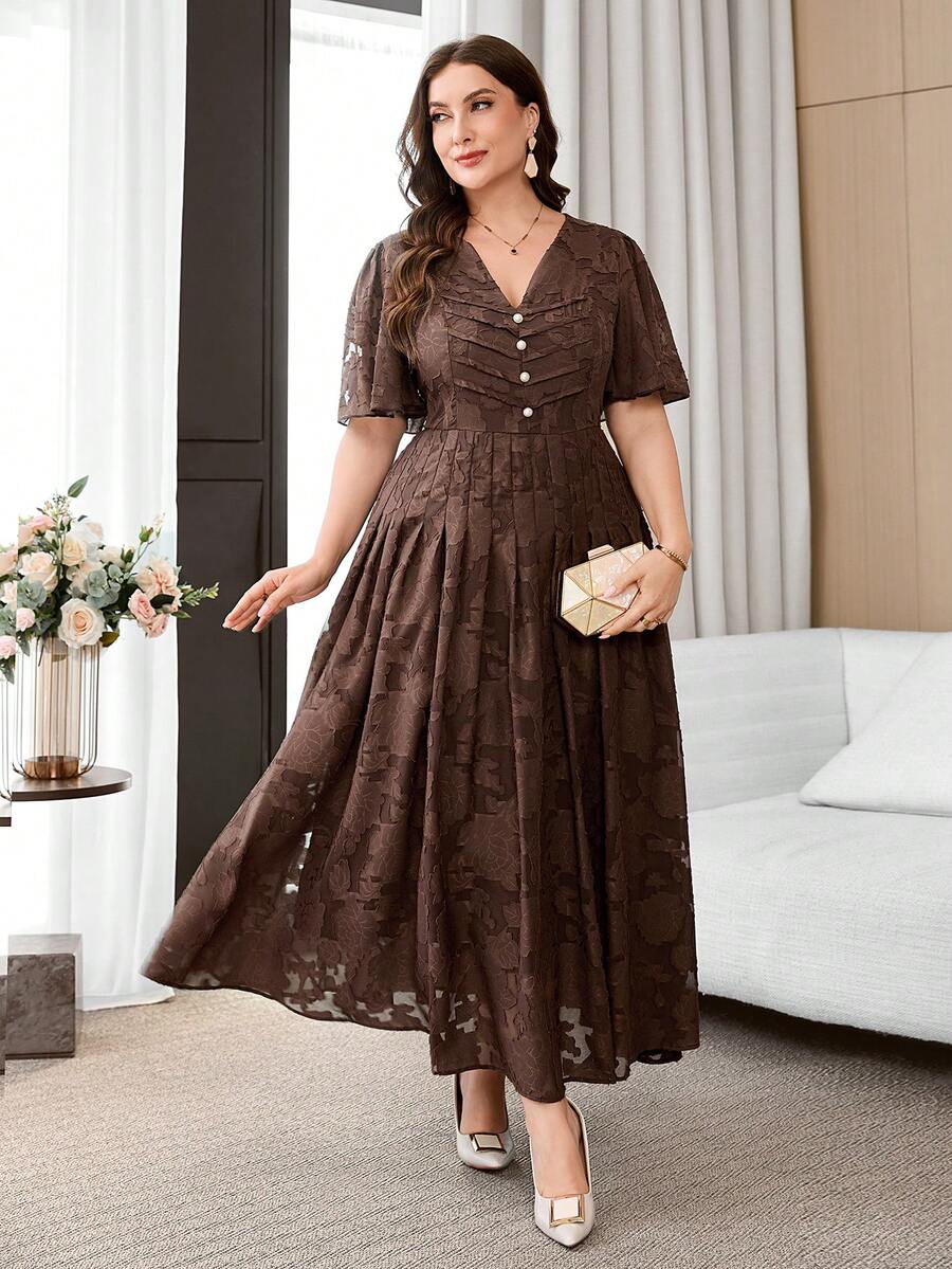 SHEIN Clasi Plus Size Summer Elegant Solid Color Cutout Dress - Coffee Brown - View 1