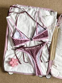 SHEIN Swim 2026春夏 Y2K復古爆紅女孩性感 2合1 波普藝術棕色波點印花 性感度假海灘休閒女款泳衣套裝 - 彩色 - 查看 3