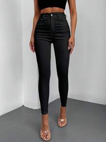 SHEIN Cottnline Plus Size High Waist Casual Traditional Black Rinse Wash Button Front Skinny Jean Formal Evening Winter - Black - View 2