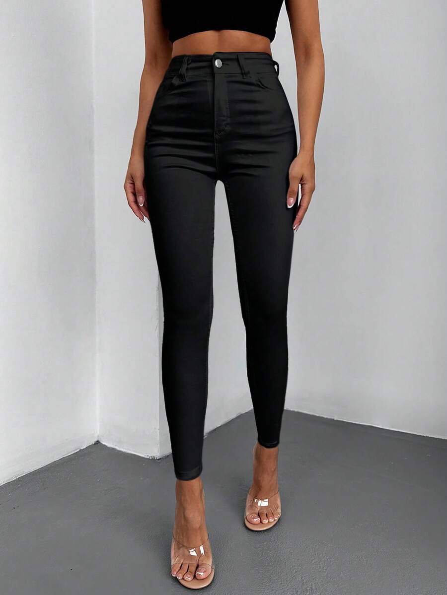 SHEIN Cottnline Plus Size High Waist Casual Traditional Black Rinse Wash Button Front Skinny Jean Formal Evening Winter