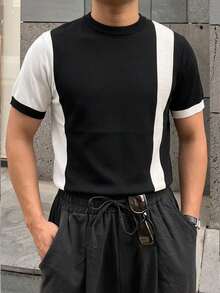 DAZY Camiseta de punto de manga corta con bloques de color y patchwork para hombre, verano - Negro - Ver 4
