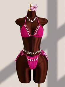 Swim Mod Conjunto de biquíni feminino para primavera, verão e outono, casual elegante para praia, férias, beira-mar e águas termais, moda nova, sexy e romântico, com decote halter, costas nuas, tecido de malha jacquard, com missangas, concha e laço, texturizado - Roxa - Ver 3