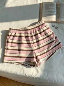 Comfortcana Casual Minimalist Pink Brown Striped Print Pattern Women's Casual Shorts Suitable For Summer - Multicolor - View 5