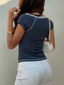 DAZY Lace Patchwork V-Neck Fitted Short Sleeve Women T-Shirt Summer Everyday Navy Blue And White Elegant Cute Picnic - Navy Blue - View 2