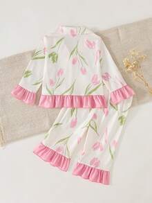 Set Pakaian Santai Bayi Perempuan Kasual Lucu Rajut Motif Bunga Warna Blok Lengan Panjang Atasan dan Celana - Baby Pink - View 2