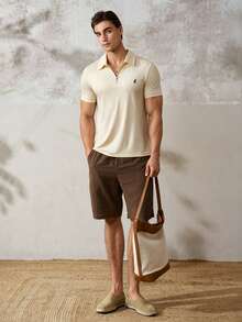 TONEVAULT Men's Half-Zip Casual Versatile Daily Travel Short Sleeve T-Shirt - Khaki - View 2