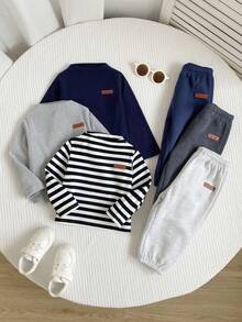 3 Sets Baby Boy Clothes Chic Striped Solid Long Sleeve Soft Squishy 2 Pieces Sets Outfits Tops Sweat Pants Shirts Bottoms Vacation Spring Fall - Multicolor - View 10