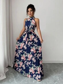 Elenzga 無袖掛脖收腰A字印花多色優雅浪漫女款洋裝 - 彩色 - 查看 5