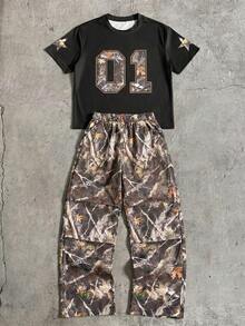 SHEIN Tween Boy Graphic Print Crew Neck Short Sleeve T-Shirt And All-Over Print Slant Pocket Long Pants 2 Pieces Set - Green - View 3