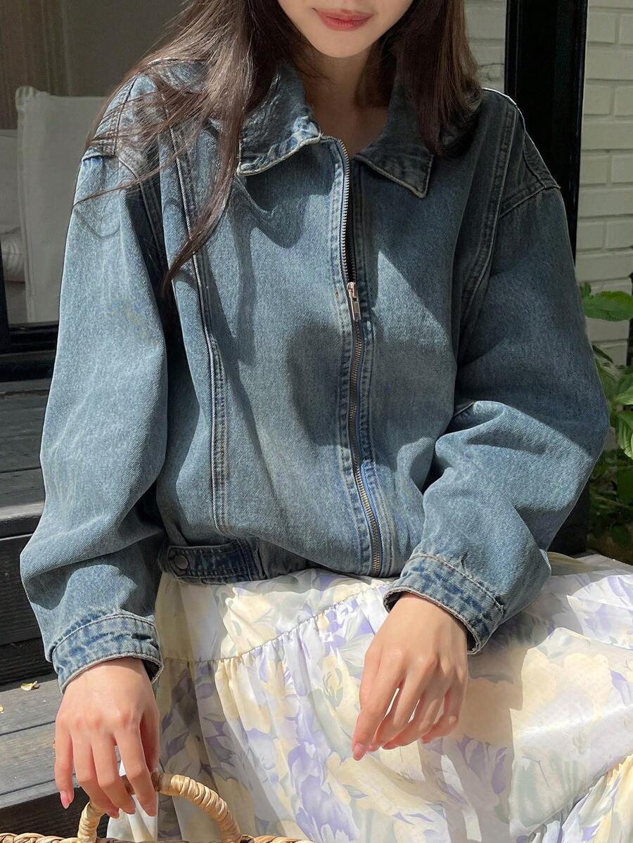 DAZY Women's Lapel Long Sleeve Open Front Urban Casual Denim Jacket And Coat Cute Tops - Medium Wash - View 1