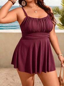 Swim Lushoire Plus Size Women 2pcs Solid Color Spaghetti Strap Minimalist Fashion Separate Two Pieces Tank Bikini Swimsuit - Burgundy - View 5