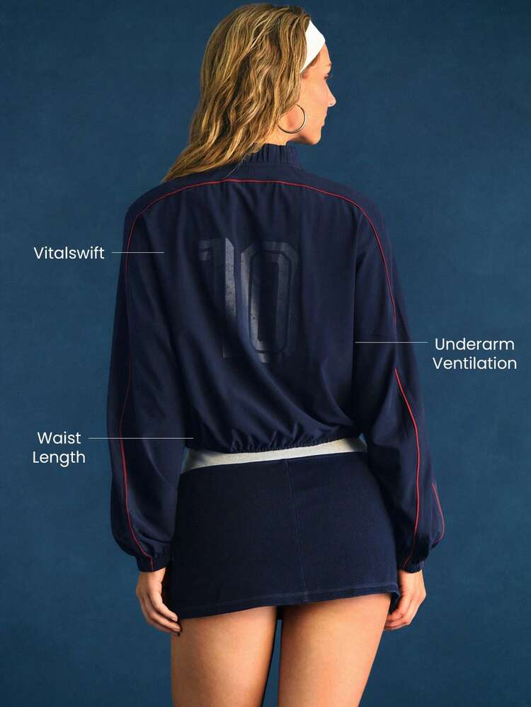 VitalSwift Varsity Muse Lightweight Quick-Dry Vintage Contrast Piping Cropped Full-Zip Jacket With Odor Control Daily Casual Wear