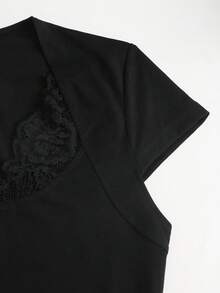 Sweetra Women's Elegant Premium Charming Spliced Lace & Short Black T-Shirt - Black - View 3