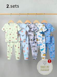 4件套/套 贴身款幼儿男童恐龙字母印花短袖睡衣套装，舒适柔软面料，休闲可爱又时尚，适合热爱恐龙的小男孩 - 彩色 - 查看 1