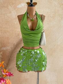 Soleia Pink Sequin Vacation Women's 2 Pieces Set,No Breast Pads - Green - View 5