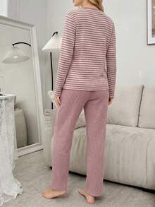 Cotton Women 2pcs Contrast Colour Slogan Lettered Long Sleeve Top&Striped Heart Pattern Sleep Pants Homewear Pajama Set - Dusty Pink - View 2