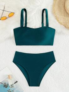 Bonvoyette 女款夏季海灘純色比基尼三角泳褲兩件式泳衣套裝 - 綠色 - 查看 2