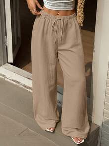 Breezaya Plus Size Women's Long Elastic Waist Casual Loose Solid Color Pants Suitable For Daily Commute Wear Suitable For Spring And Summer Versatile Pants - Khaki - View 6