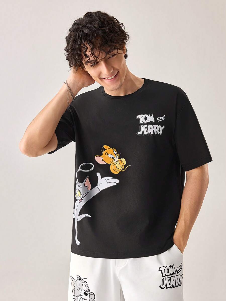 Strevion TOM & JERRY 男士休闲百搭汤姆和杰瑞元素印花短袖T恤 - 黑色 - 查看 1