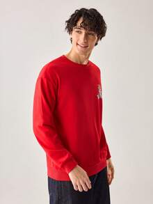 Strevion TOM & JERRY Men's Casual Commuter Tom Maker Letter Print Round Neck Long Sleeve Slim Fit Sweatshirt, Spring/Autumn - Red - View 6