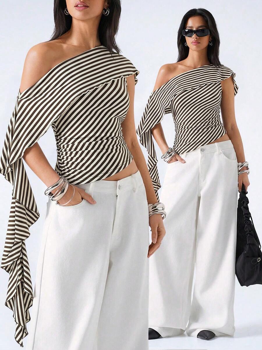LYSMO Women's Summer Fashion Striped Asymmetric Top - Multicolor - View 1