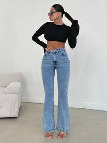 SHEIN Cottnline بنطلون جينز نسائي كاجوال عادي خصر عالي مطاطي مقاس كبير بقصة واسعة من الأسفل لون أزرق فاتح للصيف - أزرق فاتح - مشاهدة 8