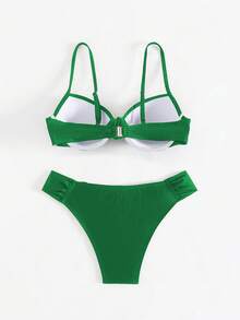 Swim Lushoire 女款黑色性感鋼圈托高抓皺胸衣比基尼泳褲兩件式比基尼套裝，夏季海灘穿搭女裝，度假泳裝 - 綠色 - 查看 3