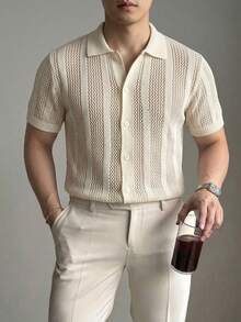 DAZY Summer Half-Button Mesh Apricot Knit Top For Men - Beige - View 6