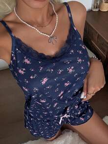 CottageSlumber Knitted Ribbed Ditsy Floral Print Camisole Set - Navy Blue - View 4