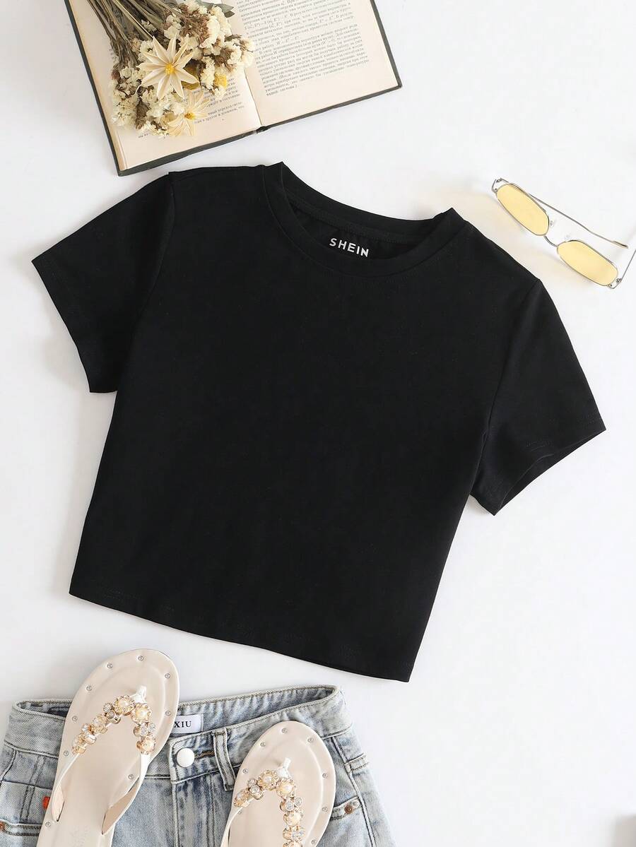 IslaSuriya Solid Round Neck Tee - Black - View 1