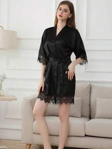 Solid Color Short Sleeve Bathrobe, Lightweight Home Robe, Stylish Bridal Getting Ready Gown For Wedding & Bachelorette Party - Black - View 2
