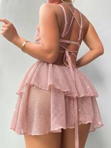 SHEIN Swim 女款後背交叉綁帶粉色甜美罩衫 - 粉色 - 查看 2