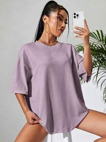 Sundraya Camiseta de hombros caídos unicolor - Morado - Ver 4