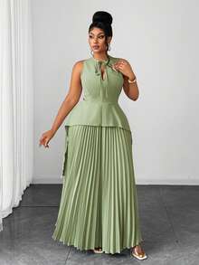 Maweii Plus Size Women's Round Neck Elegant Hollow Out Ruffle Hem Asymmetrical Pleated Full Skirt Sleeveless Tie Two Pieces Set - Green - View 4