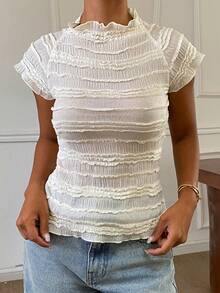 DAZY Women's Turtleneck Fitted Short Sleeve T-Shirt Y2K Cute Everyday White Summer - White - View 1