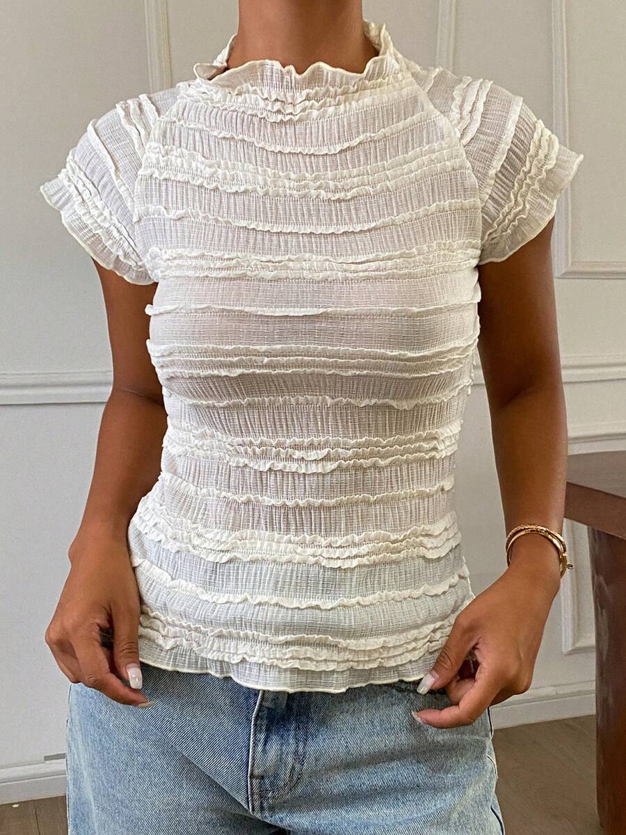DAZY Women's Turtleneck Fitted Short Sleeve T-Shirt Y2K Cute Everyday White Summer - White - View 1
