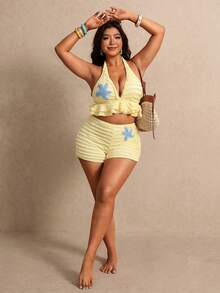 Elaquor Plus Size Women's Summer Beach 3D Starfish Pattern Decor Deep V-Neck Backless Ruched Top And Shorts Tankini Set - Light Yellow - View 1