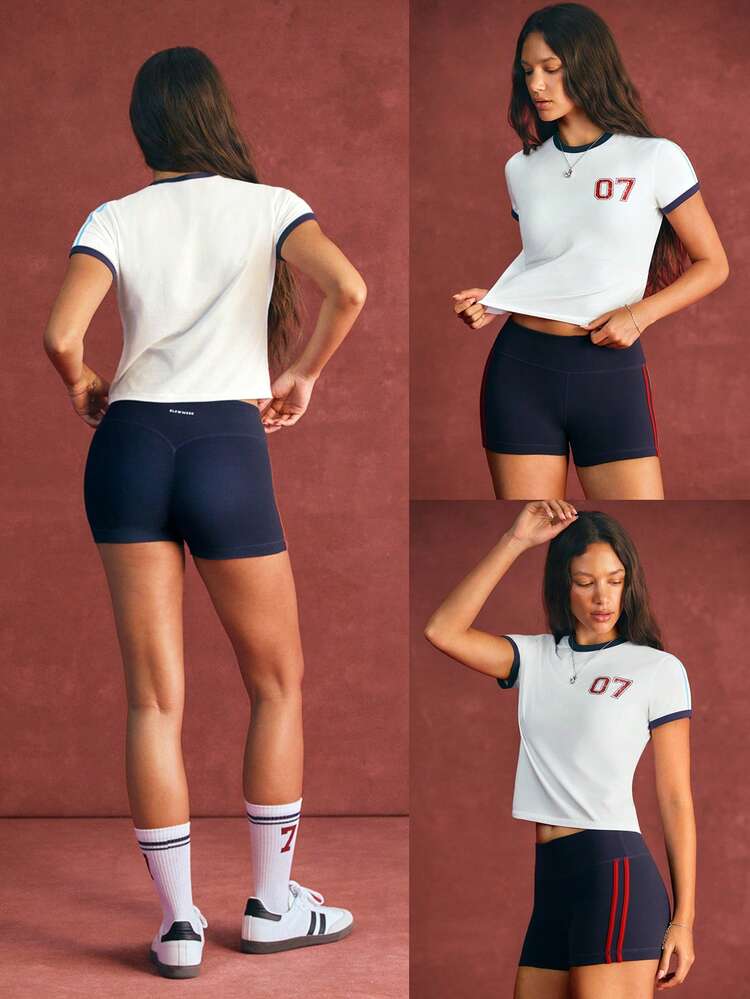 Pima Cotton Varsity Breeze Soft Waist Length Fix Fit Contrasting Vintage-Inspired Numeric Graphic Baby Tee Daily Casual Wear