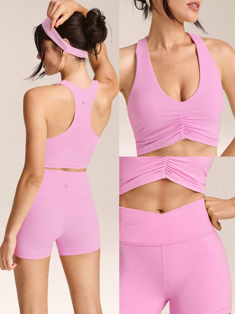 2 Pieces FeatherFit™ Crush Every Move Buttery-Soft Sweat-Wicking Stretchy Removable Cups Ruched Front Racerback Sports Bra & 4.3" Crossover Waist Y-Shaped Hip Seam Biker Shorts Low Impact Gym Studio Workout Cycling Running Daily Casual Wear