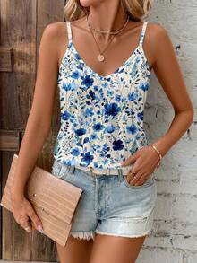 SHEIN Clasi Casual Minimalist Blue Floral Pattern All-Over V-Neck Loose Camisole Suitable For Summer - Multicolor - View 3