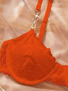 SHEIN Esselle 2pcs/Set Bra Berkawat Renda Wanita Warna Oranye untuk Pengantin Musim Panas - Jeruk - View 5