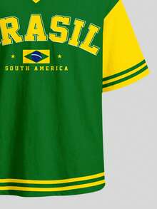 復古時尚綠色字母 BRAZIL、活力陽光黃、黃金海岸、對比領條紋運動風，青少年女孩簡約休閒 T-shirt 開學季、Y2k、Bm、美式復古甜美，戶外野餐、出遊、街拍 - 彩色 - 查看 6