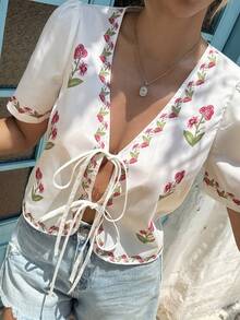 Livesso Summer White And Pink Floral Embroidery Print Tie-Up Bohemian Tropical Casual Vacation Elegant Short Sleeve Women's Blouse Beach - White - View 5