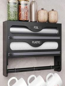 1 Roll Bamboo Cling Film Dispenser With Aluminum Foil Dispenser And Paper Towel Holder Space Saving Kitchen Wrap Organizer Rack For Kitchen Counter Drawer Back To School Season Durable Rust Proof Easy Cut Slider - Multicolor - View 20