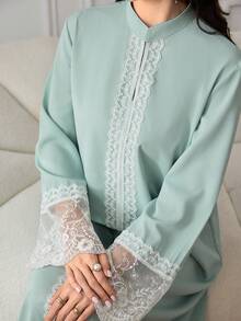 Al Najma Women's Contrast Lace Stand Collar Long Sleeve Elegant Arabian Dress - Green - View 8