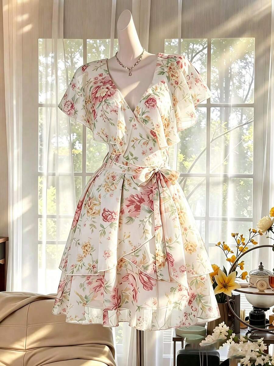 Celisse Semi-Transparent Ruffle Trim Collar Short Dress Digital Print - Multicolor - View 1