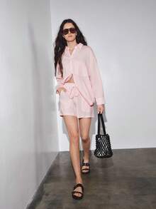 MOTF PREMIUM WOMEN'S SUMMER MINIMALIST SOLID COLOR DRAWSTRING PAPER BAG WAIST LOOSE LIGHTWEIGHT SHORTS - Baby Pink - View 4