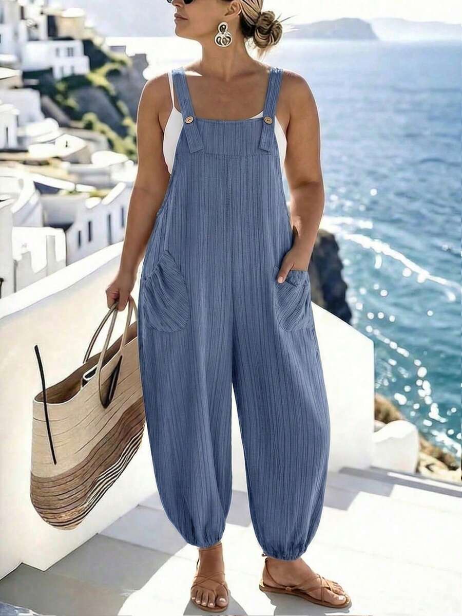 EMERY ROSE Plus Size Women's Early Spring Simple Elegant Textured Fabric Loose Fit Cuffed Jumpsuit Overalls - Blue - View 1
