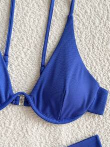 SHEIN Swim Summer 3pcs/Set Bikini With Underwire Bra, Panty And Cover-Up - Blue - View 3