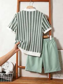 2pcs Tween Boys Spring/Summer Casual Preppy White & Red Striped Polo Shirt & Red Woven Shorts Set, Suitable For Summer Outdoor Outings - Green - View 2